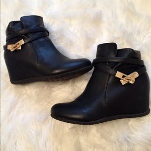Black Wedge Booties with Gold Accent